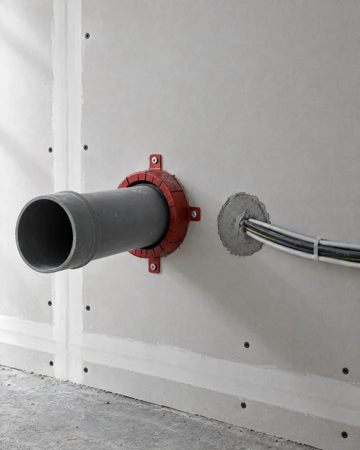 Visualisierung: Rohr- und Kabeldurchführung durch eine Trockenbauwand, abgedichtet mit Brandschutzmanschette und Brandschutzmörtel.