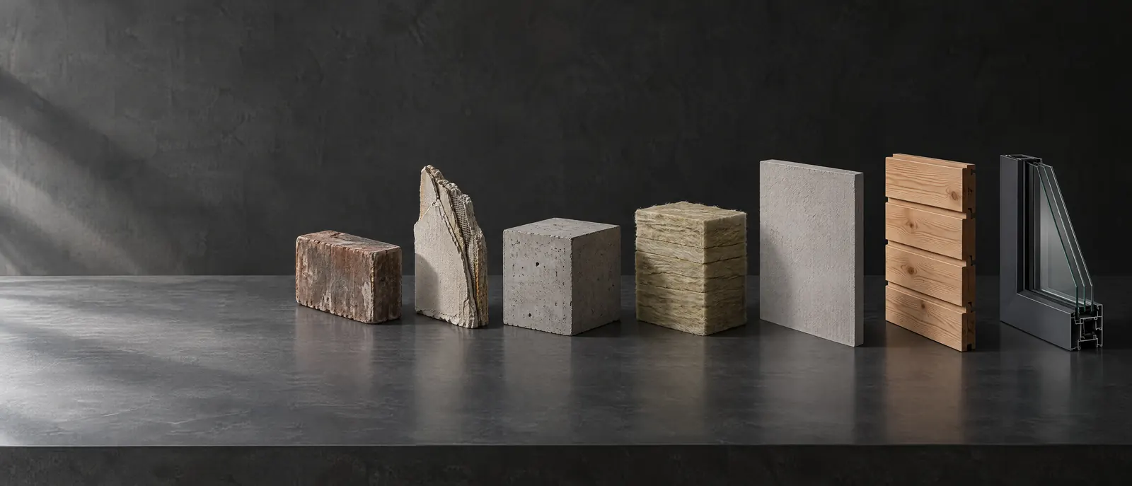 Visualisierung: Materialmuster in einer Reihe auf einem dunklen Tisch – Klinker, Altputz, Betonwürfel, Mineralwolle, Mineralputz, Lärchenschalung und ein Fensterprofil mit Dreifachverglasung.