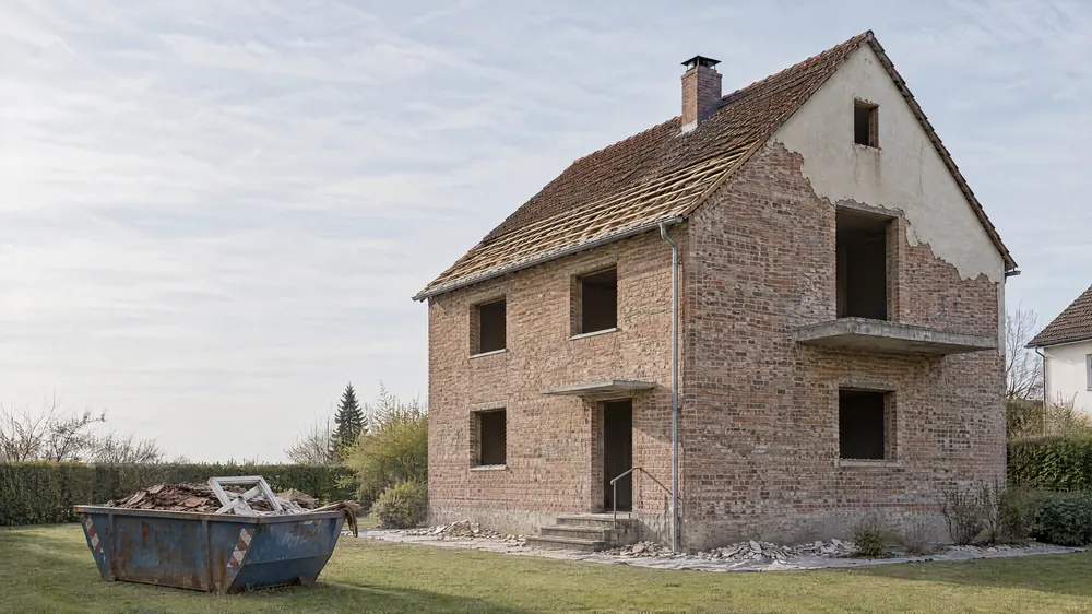 Konzeptvisualisierung, Zustand Rückbau: dasselbe Haus mit freigelegtem Ziegelmauerwerk, leeren Fensteröffnungen, sichtbarer Dachlattung an der Traufe und einem Bauschuttcontainer.