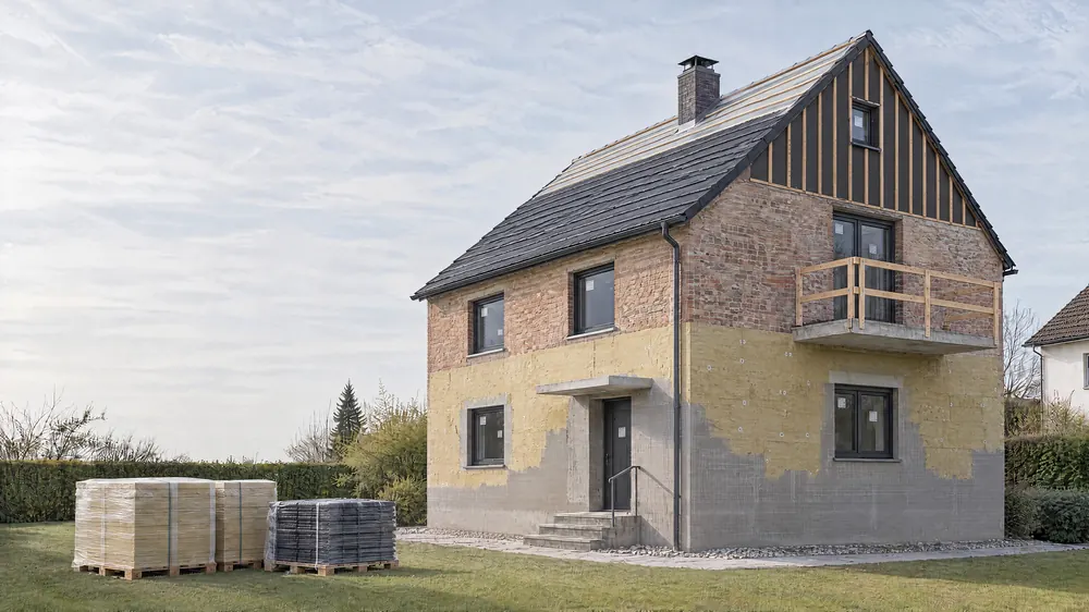 Konzeptvisualisierung, Zustand Sanierung: neue anthrazitfarbene Fenster, Dämmplatten mit Armierung im Erdgeschoss, neue Dachziegel ab der Traufe und eine vorbereitete Giebelschalung.