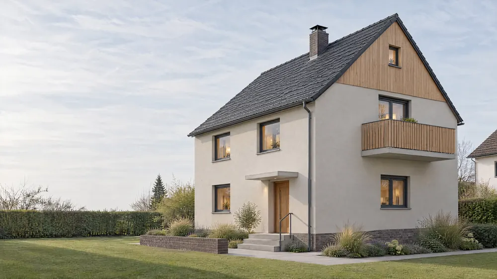 Konzeptvisualisierung, Zustand Ergebnis: dasselbe Haus mit hellem Mineralputz, Lärchenschalung am Giebel, anthrazitfarbenem Dach, Klinkersockel und neuer Außenanlage.